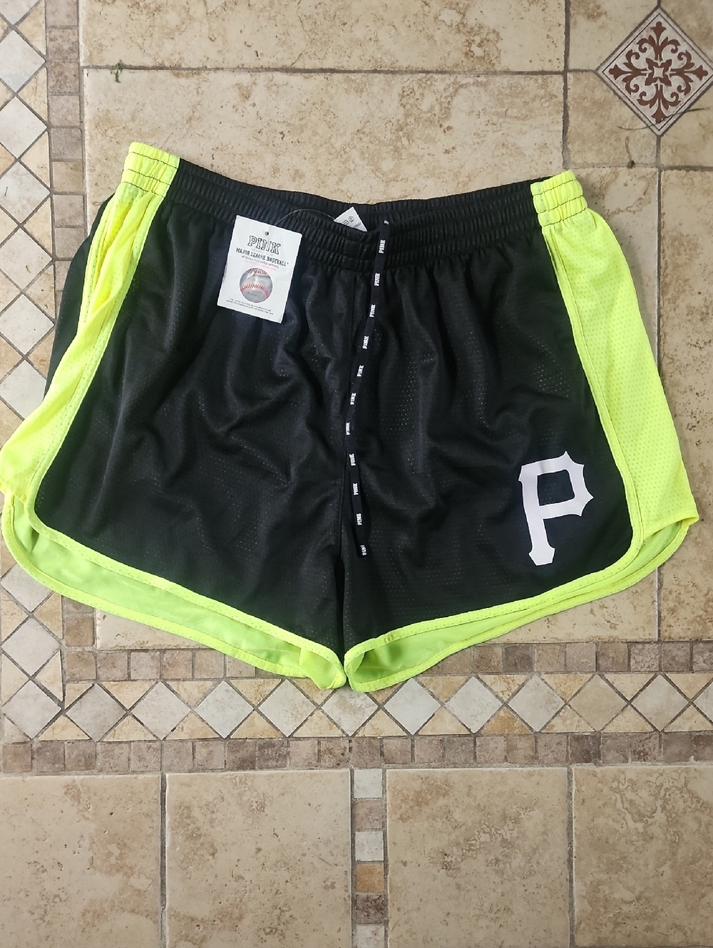 Women's Pittsburgh Pirates Black & Neon Yellow Athletic Shorts with 'P' Logo